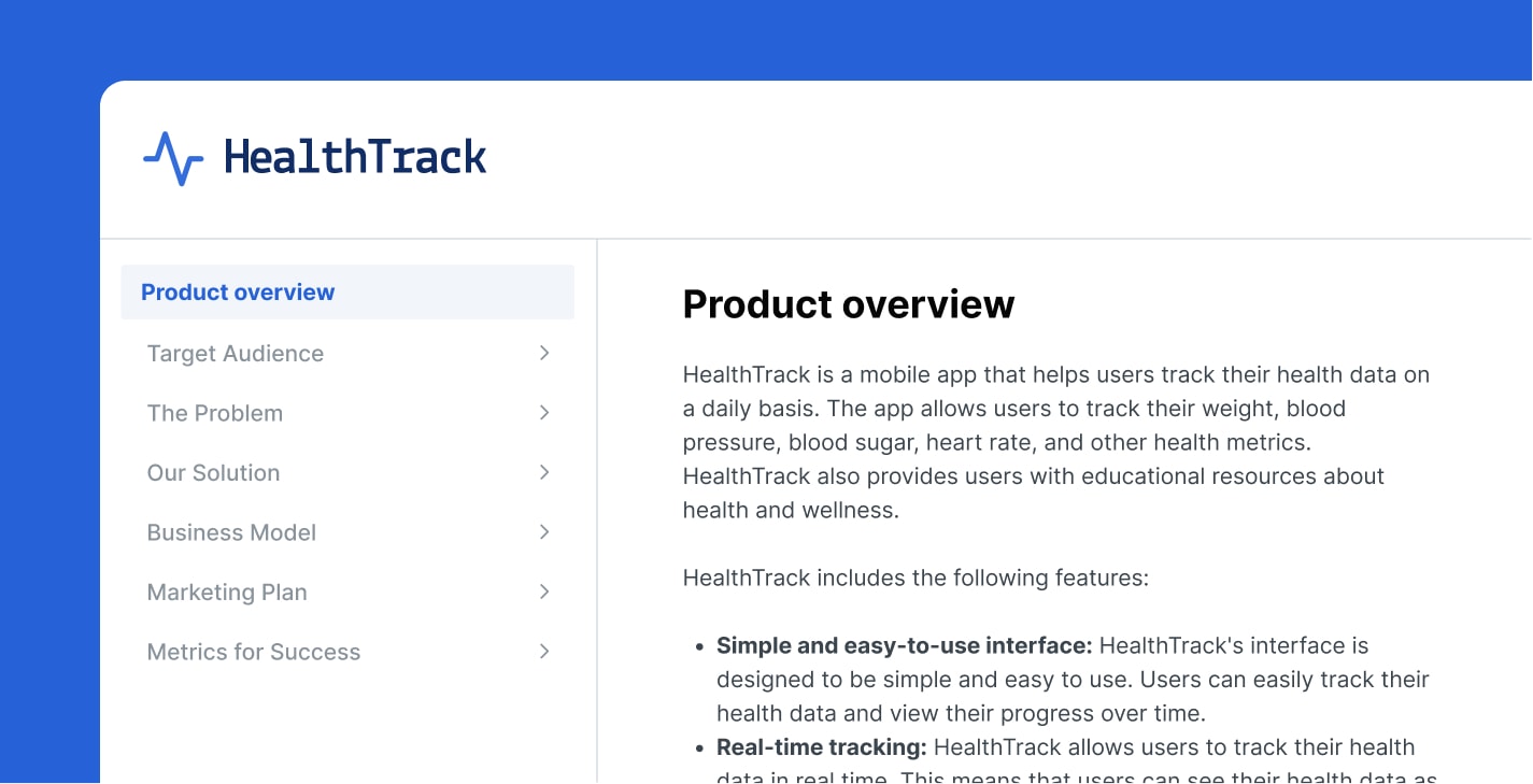 A close-up screenshot of a product brief for internal team launching a new product. The window is white on a blue background.