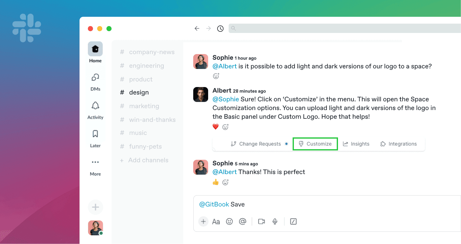 An image showing a Slack thread containing useful information, and someone saving that using GitBook’s Slack bot