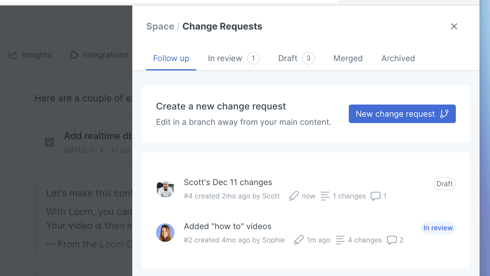 A screenshot of the Follow up tab within the Change Requests menu in GitBook. There are two change requests in the list, and above them is a section allowing you to create a new change request.