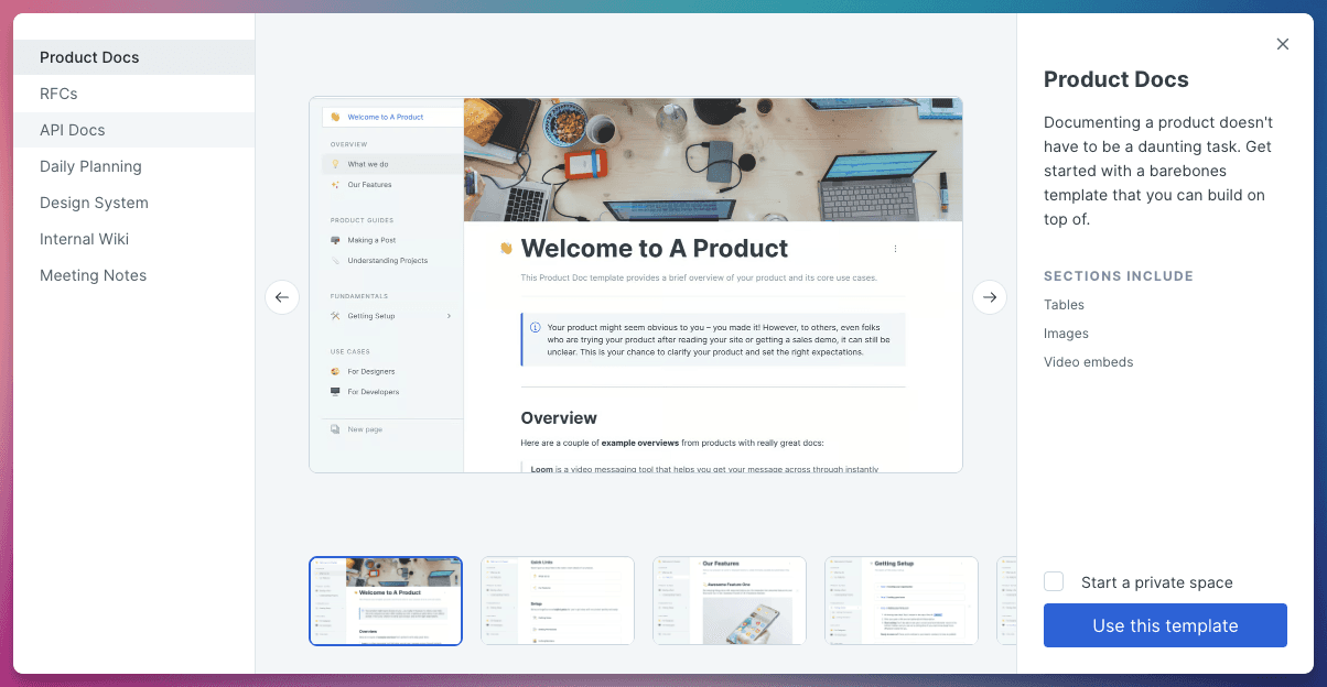 A screenshot showing the templates page in GitBook with the Product Docs option selected