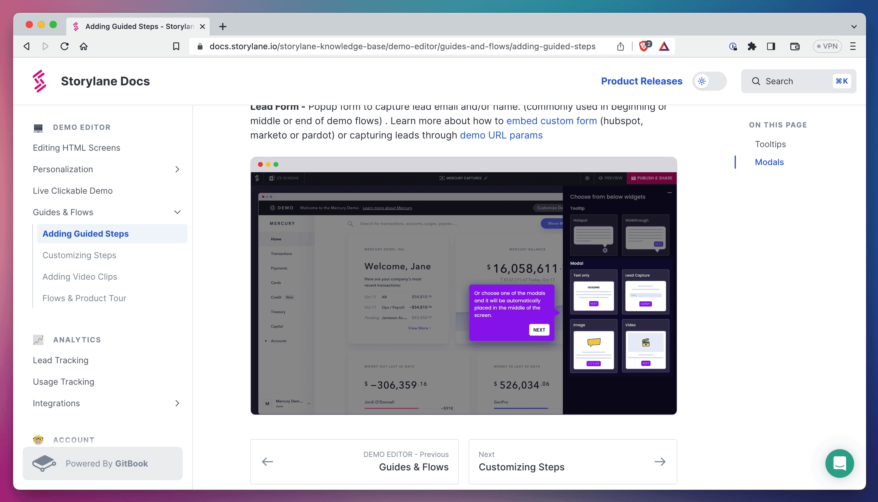 A screenshot of the Storylane docs showing an interactive Storylane demo embedded within it. The Storylane docs are powered by GitBook.