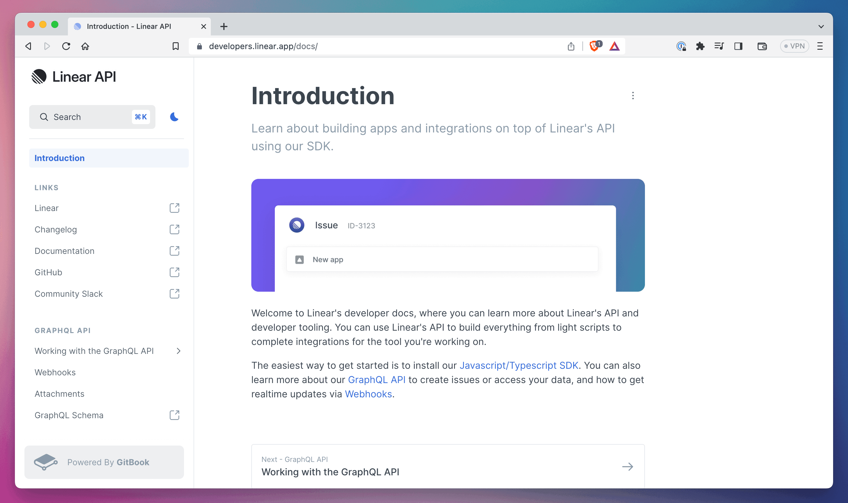 A screenshot of Linear’s developer documentation in a browser window