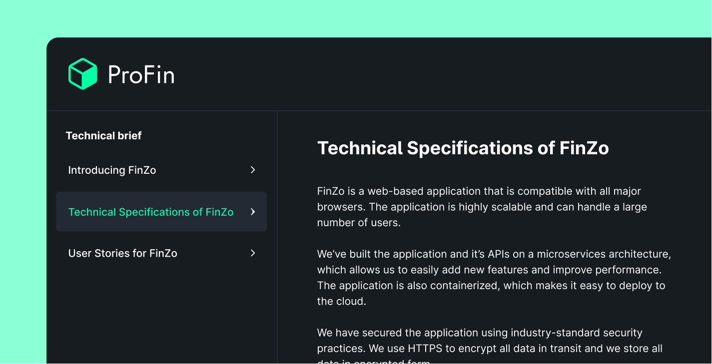 A close-up screenshot of a technical brief for a financial company launching a new product. The window is black on a green background.