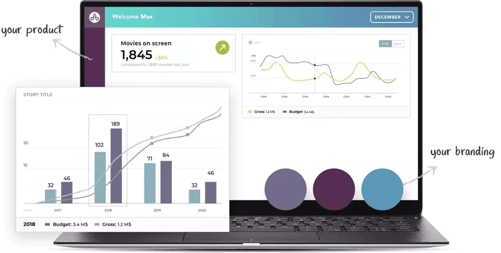 A screenshot of Toucan on a laptop. In front of the screenshot are colored circles and a graph, both looking like they're floating in front of the screen. Arrows pound out and say "your product" and "your branding"  