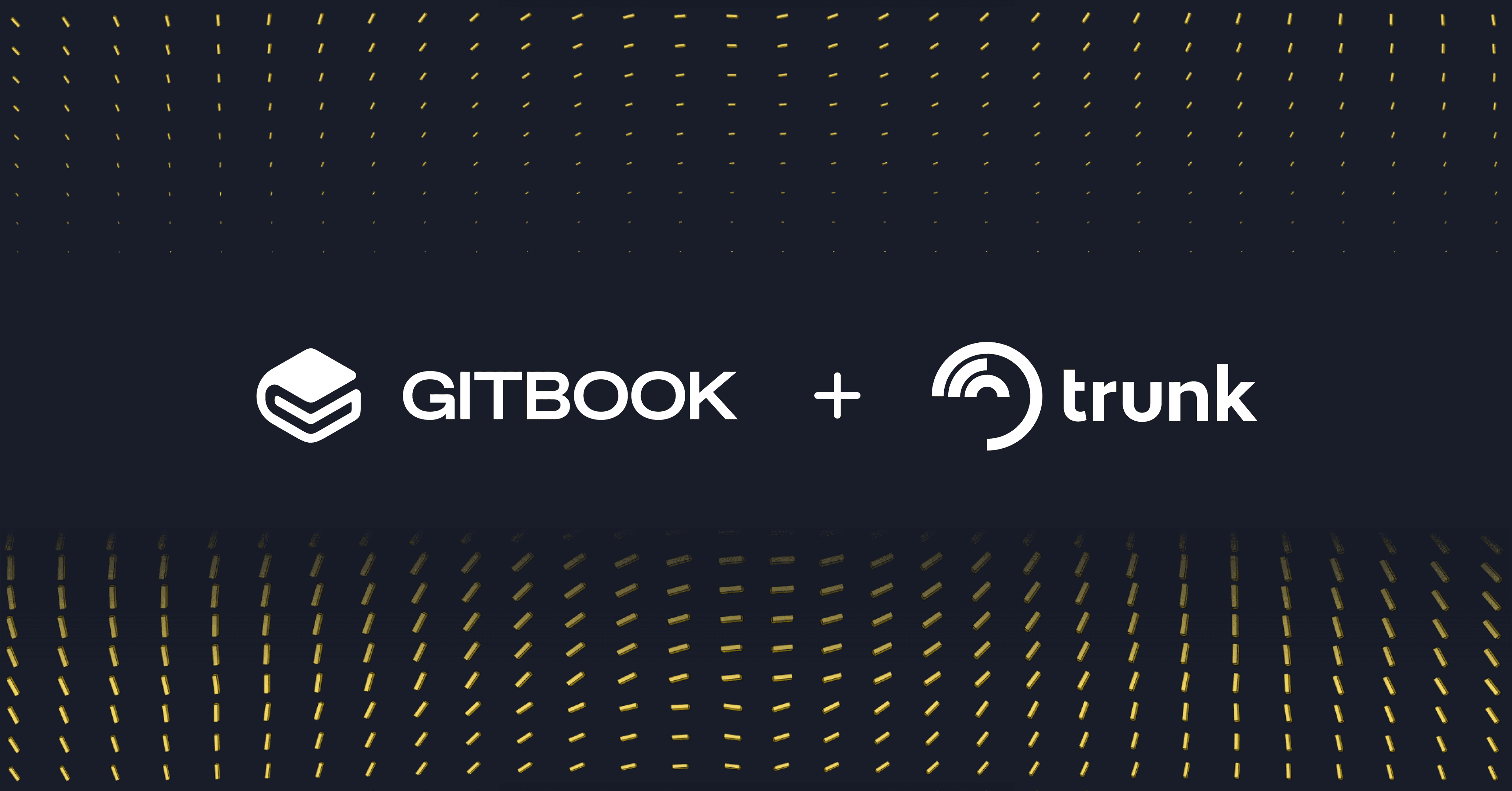 An illustration showing the GitBook and Trunk logos next to each other on a navy blue background that fades into a pattern of yellow shapes